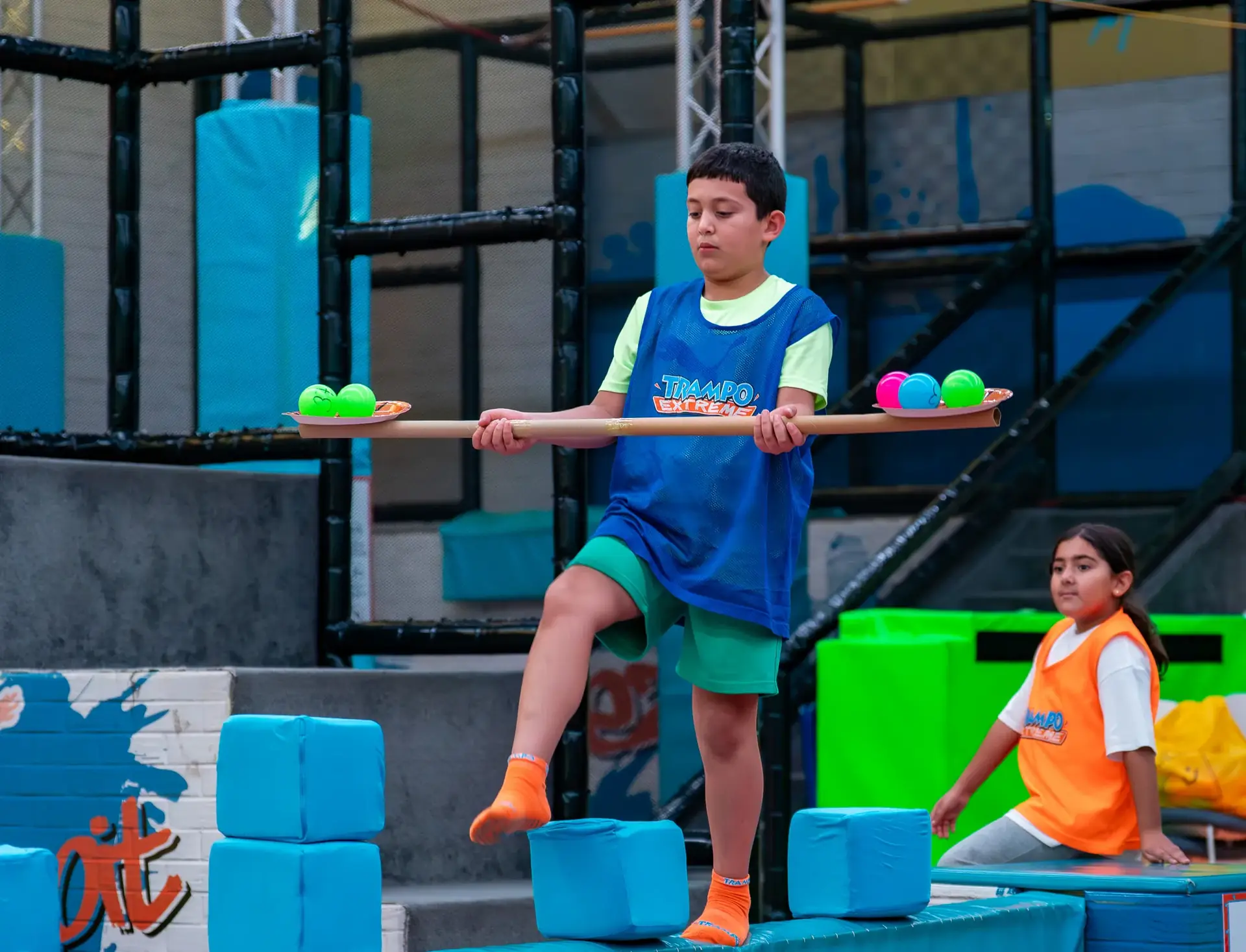 Boy on the balance challenge at a Trampo winter camp